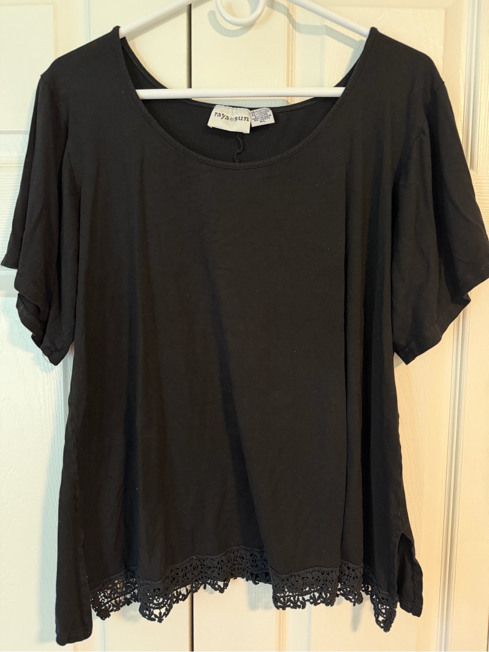 Black Short-Sleeve Tee with Crochet Lace Hem